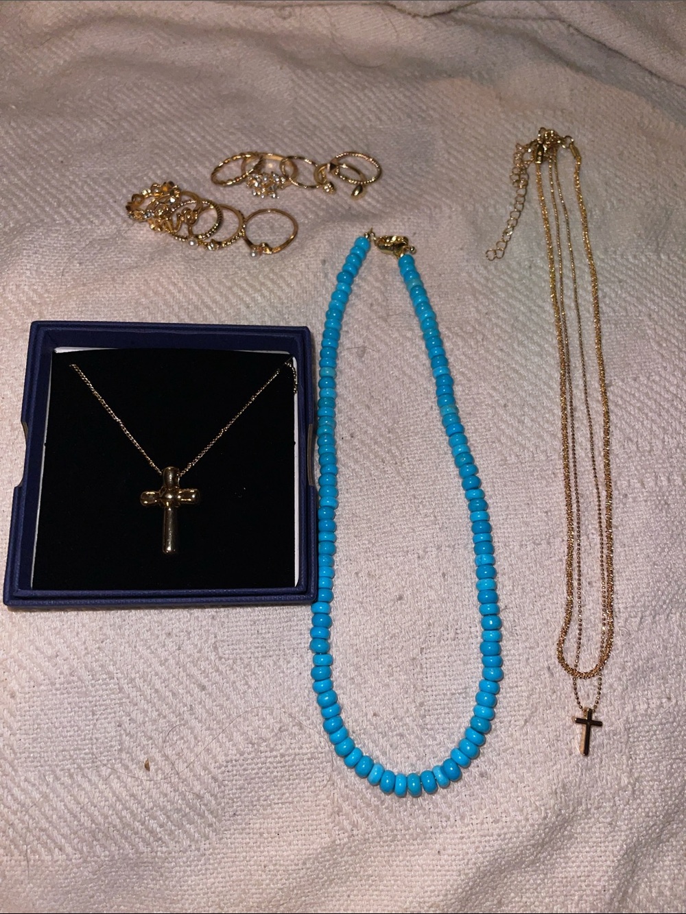 Gold Cross Necklace and Turquoise Beaded Necklace Set